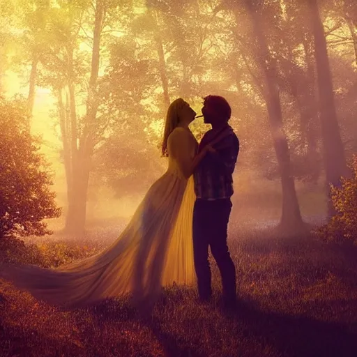 Image similar to a fantastic dreamy image of a vision of a couple having a loving kiss, in the form of spirit people dreaming, ethereal, dreamlike, misty, godrays, golden amber light