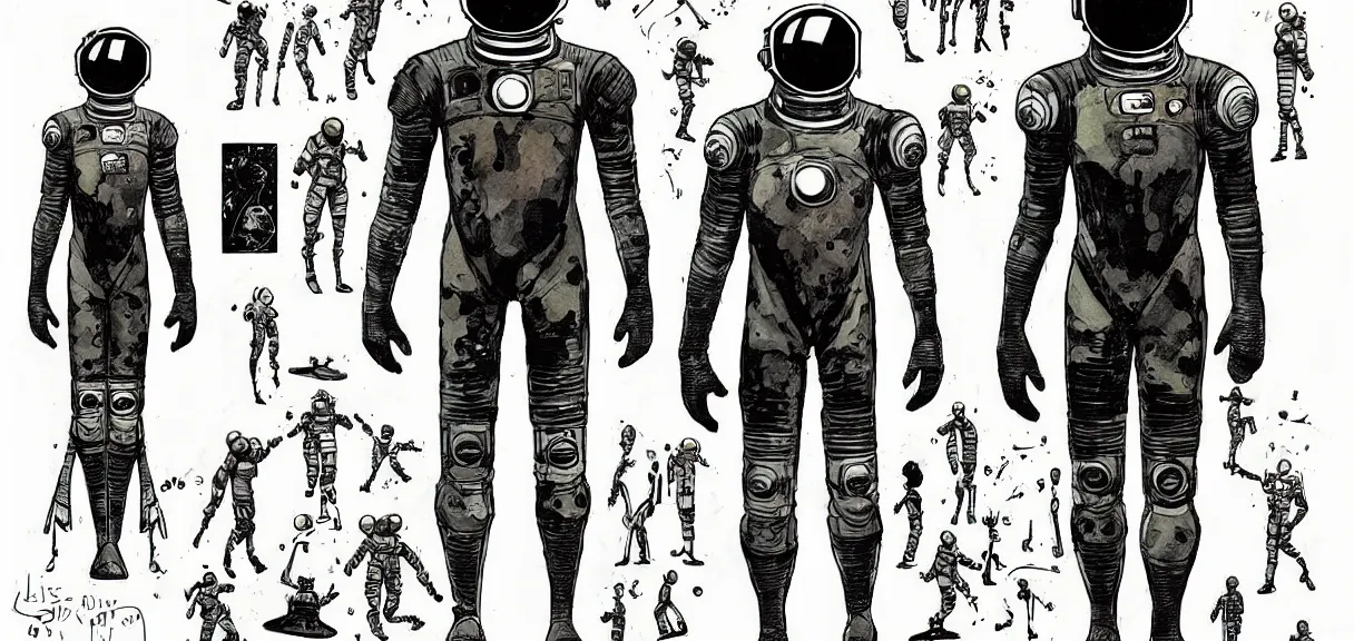 Image similar to male, full body, space suit with a modern helmet, character sheet, science fiction, very stylized character design, pen and ink, digital painting, watercolor wash, by mike mignola, by alex maleev, jean giraud