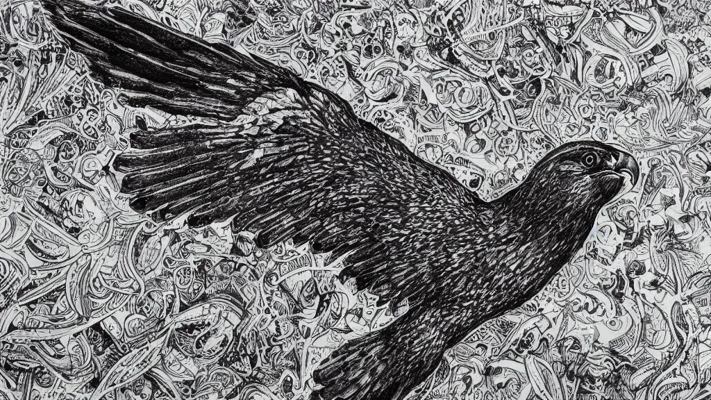 Prompt: a falcon, hand - drawn, crosshatch, ink, one head, 4 k, insanely detailed and intricate, hypermaximalist, elegant, ornate, hyper realistic, super detailed, flying through a cloudy day