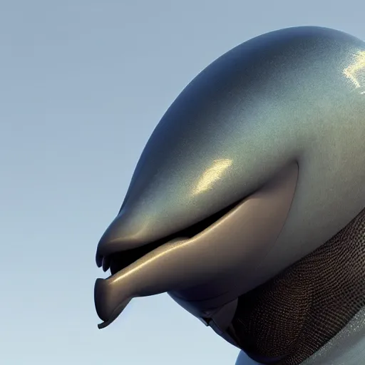 Prompt: speculative fiction art, bust profile picture of a male robotic anthro bottlenose dolphin, visor covering eyes, rounded beak, commission on furaffinity, cgsociety, octane render, subnautica