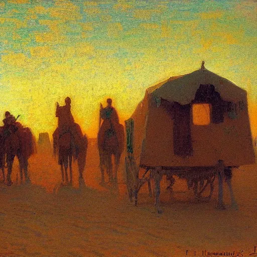 Image similar to timbuktu, by henry ossawa tanner, caravan, at sunrise