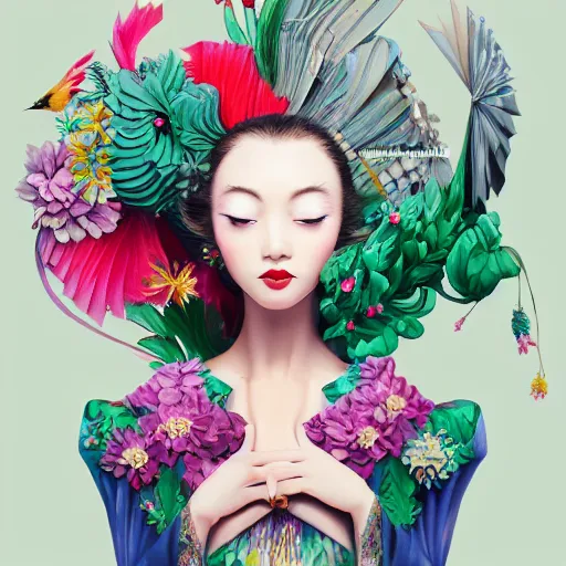 Prompt: 3 / 4 view of a beautiful girl wearing an origami dress, eye - level medium shot, fine floral ornaments in cloth and hair, hummingbirds, elegant, by eiko ishioka, givenchy, lisa frank, by peter mohrbacher, centered, fresh colors, origami, fashion, detailed illustration, vogue, high depth of field, japanese, reallusion character creator