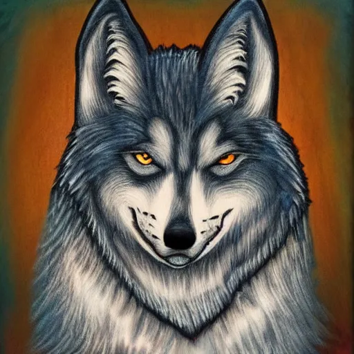 Prompt: retarded funny wolf portrait, expressionism style