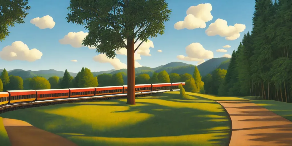 Image similar to tall bridge for trains, in the forest, blue sky, summer evening, kenton nelson