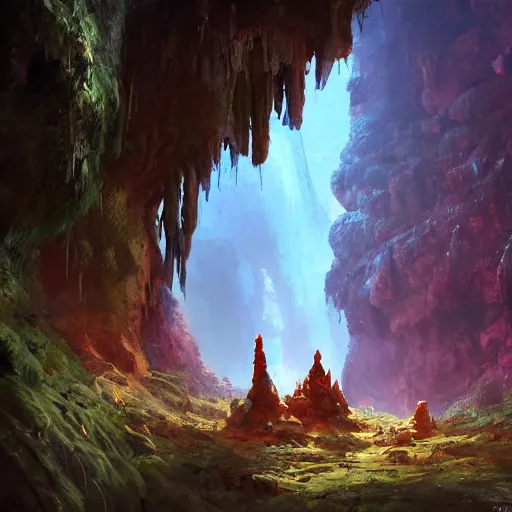 Prompt: photo an deep underground cave embellished with a jungle of beautiful alien trees, 4 k rtx hdr volume light concept studio matte painting environement digital illustration fanart artstation by eytan zana and balazs agoston, jad saber, aaron limonick, pablo dominguez and florent lebrun and robby johnson