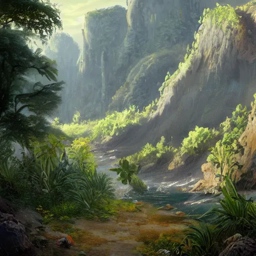 Prompt: painting of a lush natural scene on an alien planet trending on artstation. beautiful landscape. weird vegetation. cliffs and water.