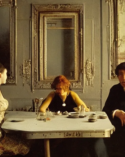 Image similar to a man and a woman sitting at a table, a screenshot by jean fautrier and by leila faithfull and by pierre roy, trending on pinterest, barbizon school, movie still, hall of mirrors, filmic