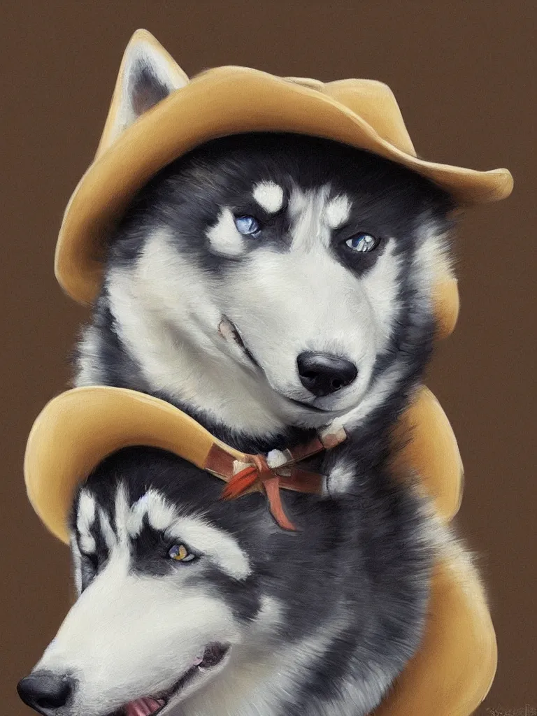 Image similar to a portrait painting of a husky in cowboy costume, wearing a cowboy hat, by studio ghibli, in the style of anime, [ western film ], humanoid, personify, anthropomorphic, trending on artstation