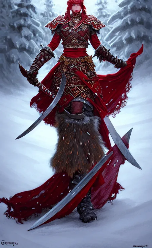 Prompt: crimson viking warrior, regal, elegant, winter, snow, beautiful, stunning, hd, illustration, epic, d & d, fantasy, intricate, elegant, highly detailed, wide angle, digital painting, artstation, concept art, smooth, sharp focus, illustration, wallpaper, art by artgerm and greg rutkowski and alphonse mucha and jin xiaodi