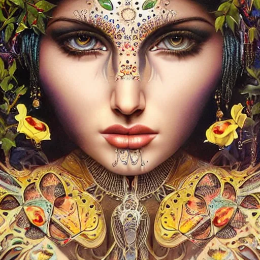 Image similar to sunny leone as humanoid robot, skin flower pattern, highly detailed, expressive eyes, beautiful symmetric body, perfect proportions, highly intricate, art by tom bagshaw and alex gray