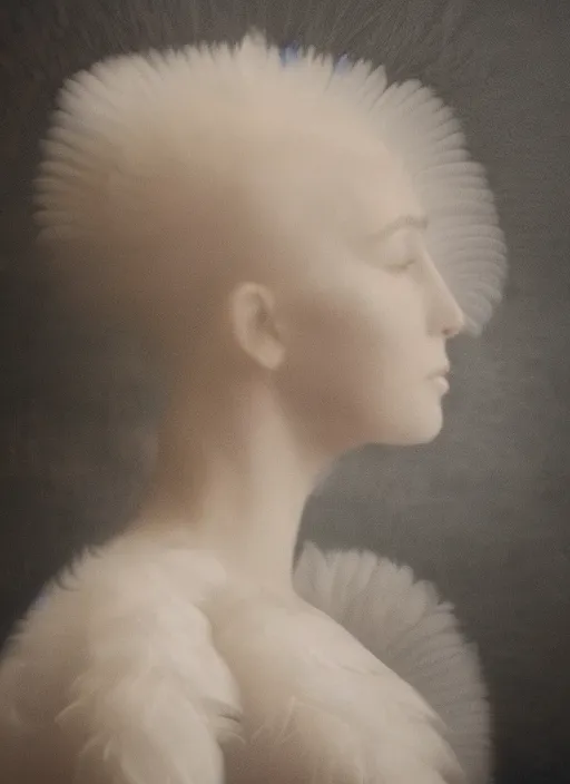 Image similar to a woman's face in profile, made of elaborate swan feathers, in the style of the Dutch masters and Gregory Crewdson, dark and moody