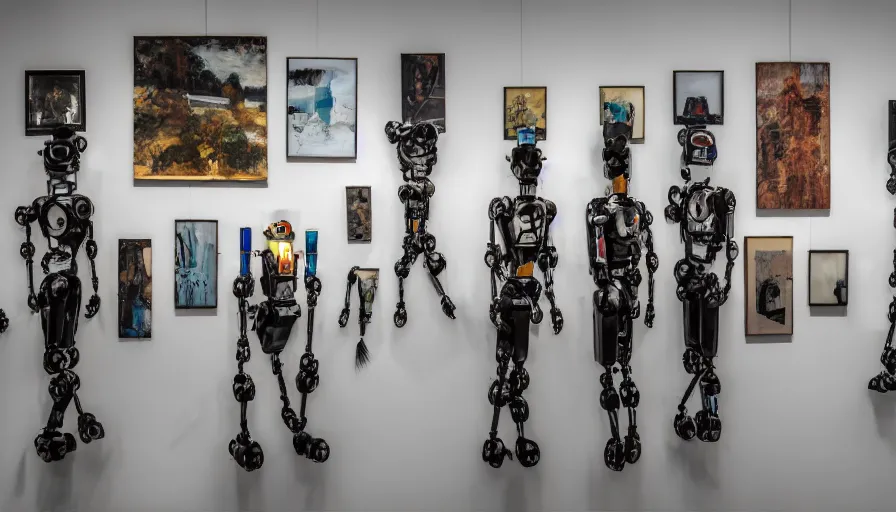 Prompt: abandoned art gallery, robots with articulated metal hands hold paintbrushes against photos of landscapes hung on the walls, dramatic lighting, 4 k