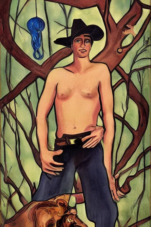 Prompt: an art deco painting of a handsome shirtless cowboy tied to a tree with an eldritch symbol painted on him | background is dark twisted woods | tarot! card, art deco, art nouveau | by Mark Maggiori | trending on artstation