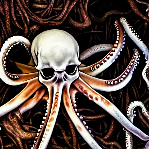 Image similar to an octopus hiding inside a decaying human skeleton, detailed nature photograph