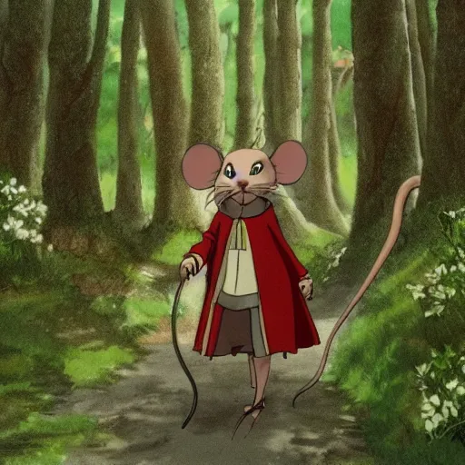 Image similar to an anthropomorphic mouse dressed in medieval clothing, studio Ghibli, walking through a lush forest