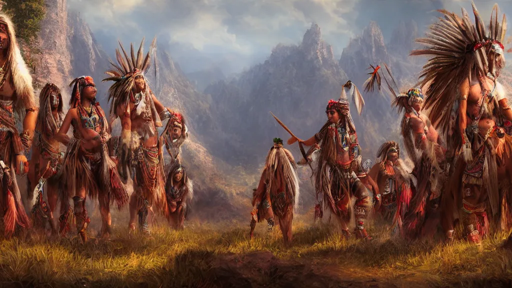 Prompt: indian tribe, fantasy artwork, very very very beautiful scenery, hd, hdr, ue5, ue6, unreal engine 5, cinematic 4k wallpaper, 8k, ultra detailed, high resolution, artstation, award winning