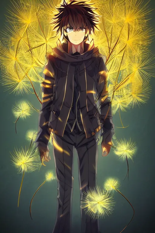 Image similar to amber glowing luminescent dandelion male anime character, symmetrical, highly detailed, digital art, sharp focus, trending on art station, amber eyes, autumnal colours