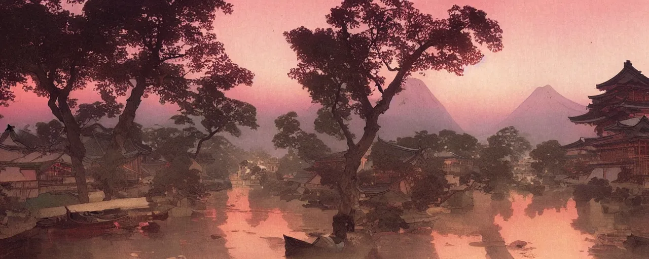 Image similar to a beautiful painting of an ancient japanese town nearby a small river in the evening by alfons maria mucha and ivan aivazovsky, ultra detailed, volumetric lighting, pink vibe