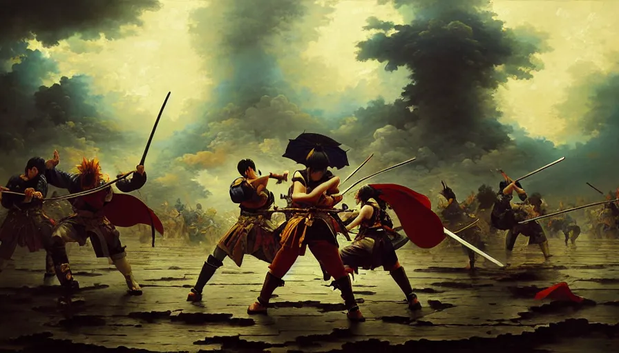 Image similar to baroque oil painting of key visual large epic samurai battle, rain, brutalist fantasy, rule of thirds golden ratio, fake detail, trending pixiv fanbox, acrylic palette knife, style of makoto shinkai takashi takeuchi yoshiyuki sadamoto greg rutkowski chiho aoshima