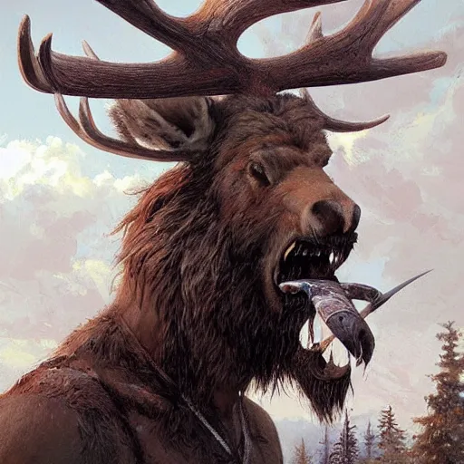 Prompt: hairy barbarian with moose head by greg rutkowski and mike winklemann