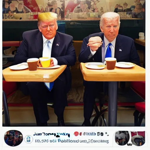 Image similar to photograph of trump and Biden sitting and eating breakfast at a Wafflehouse