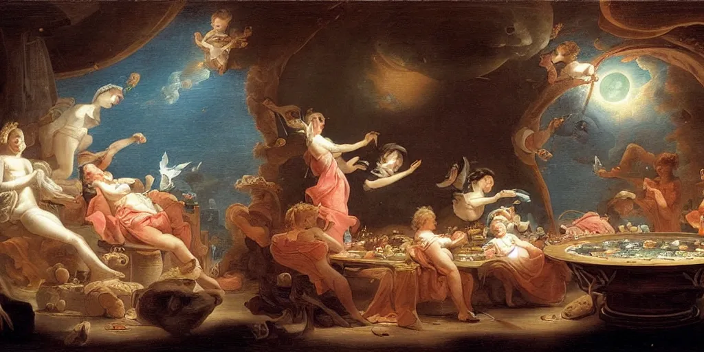 Image similar to Eating hot pot in the space station with Saturn outside the round window, in style of Jean-Honore Fragonard, surrealist