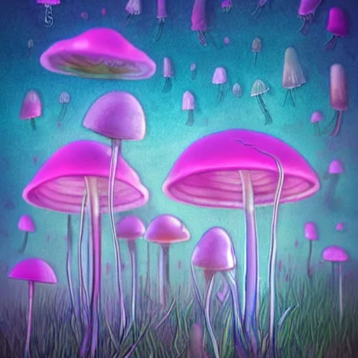 Image similar to field of tall luminescent pink and blue mycena fungi, emitting spore clouds, midnight, moonlight, fantasy art, mysterious, magical, hyperrealistic, detailed, soft lighting, fireflies