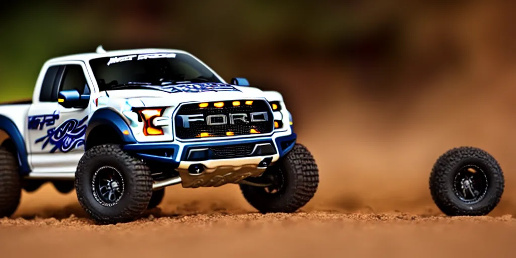 Image similar to Hot Wheels, Ford F-150 Raptor, cinematic, Maxxis, 8k, depth of field, bokeh.