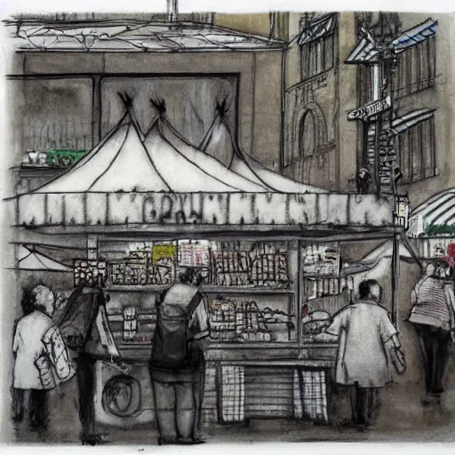 Image similar to pencil and pen drawing of a food market festival by banksy. Street photography. Watercolor finishing.