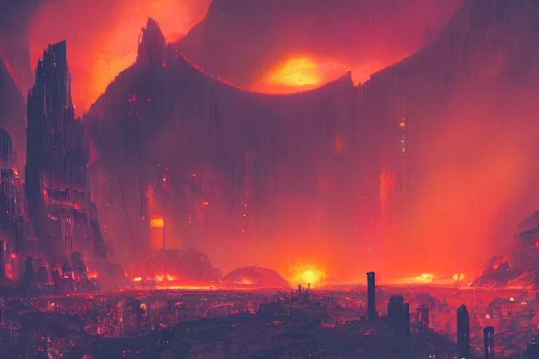 Image similar to a cyberpunk city in the crater of a volcano, lava flowing, smoke, fire, neon, industrial, by paul lehr