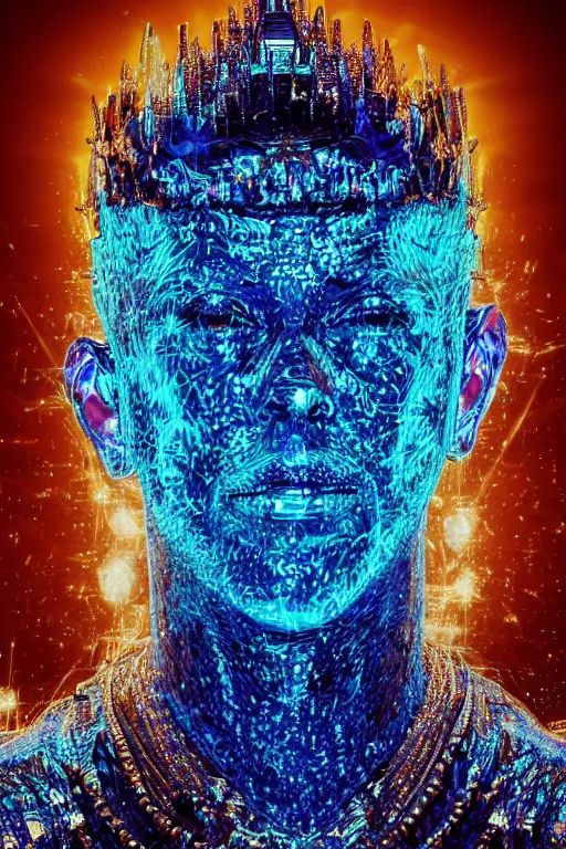 Image similar to hyper detailed ultra sharp portrait of baroque and bladerunner delicate neon diamond sculpture of seductive albino pharaoh nick jonas, sarcophagus blue iridescent humanoid deity wearing metallic hoody made out of hands holding the sun prismatic dungeon, glowing blue face, crown of white diamonds, cinematic lighting, photorealistic, octane render 8 k depth of field 3 d