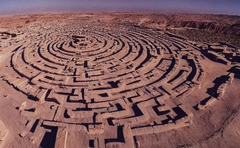 Image similar to high quality 2000s historic footage of gigantic labyrinth in the desert buildings in liminal space style and megalith, color aerial photo drone, Cinestill 800t, heavy grainy picture, very detailed, high quality, 4k panoramic