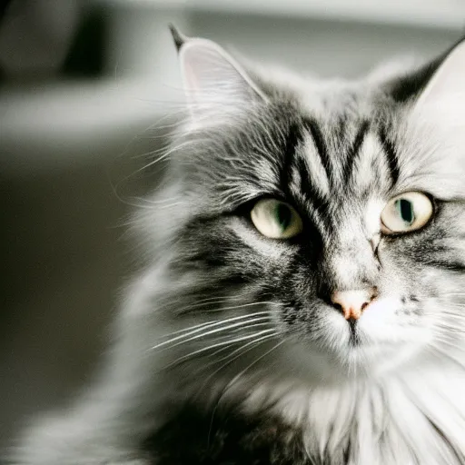 Prompt: a grey siberian cat, nikon fe 5 0 mm f / 1. 2