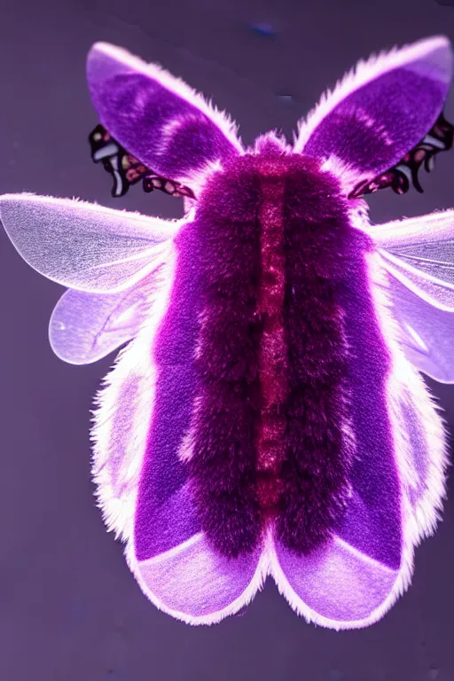 Prompt: high quality close-up photo translucent furry moth! jeweled gorgeous! highly detailed david ligare elson peter cinematic purple neon lighting high quality low angle hd 8k sharp shallow depth of field