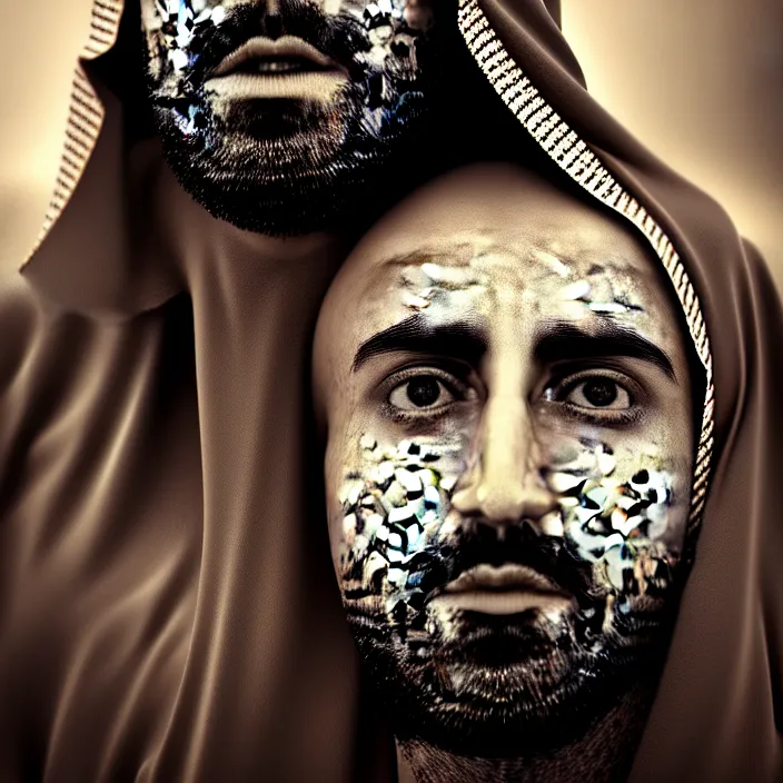 Image similar to cinematic bust portrait, sheikh, sultan, emir, head and chest only, almur, contemporary, masterpiece, cinematic composition, dramatic pose, beautiful lighting, sharp, details, hyper - detailed, hd, 4 k