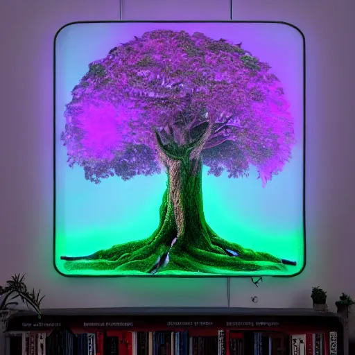 Prompt: realistic fantasy cyber big tree on neon light on fog