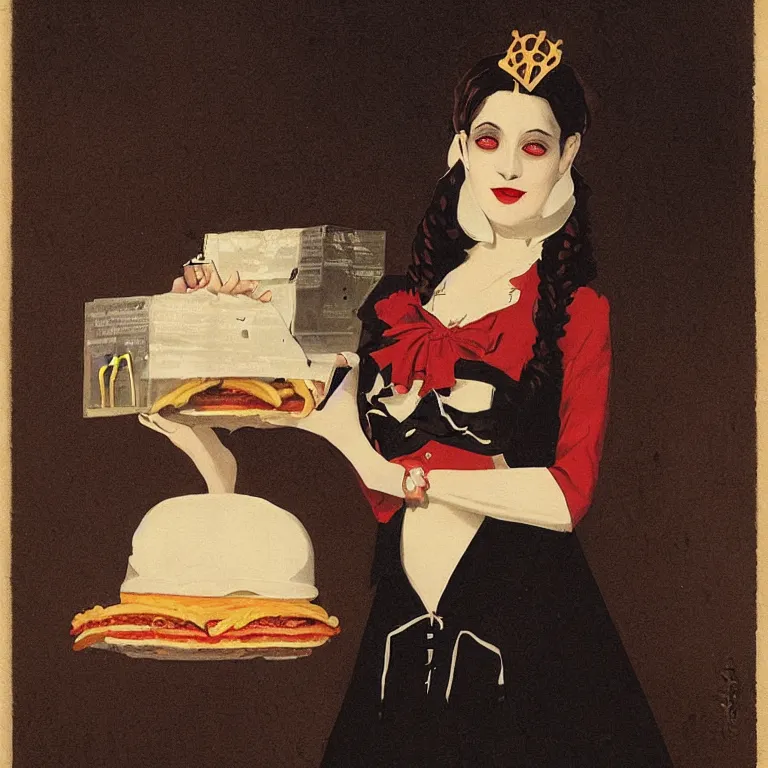 Image similar to portrait of a beautiful and grim vampire queen wearing a mcdonalds uniform by William-Adolphe Bouguerea