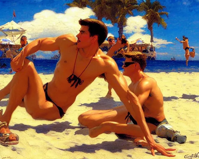 Image similar to top gun beach volleyball scene, cool colors, hard angles, painting by gaston bussiere, craig mullins, j. c. leyendecker, tom of finland