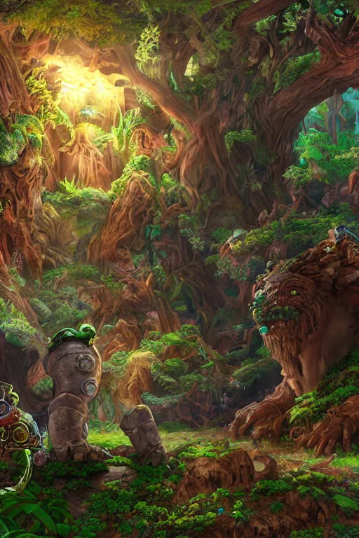 Image similar to zelda fantasy art giant golem elemental wood rock greeble gemstone enchanted forest troll, global illumination ray tracing hdr fanart arstation by sung choi and eric pfeiffer and gabriel garza and casper konefal bastion forged hardmesh lisa frank zbrush central radiating a glowing aura global illumination ray tracing hdr volume light