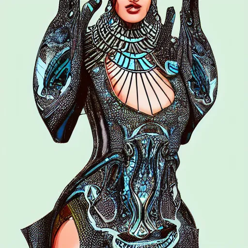 Prompt: a beautiful arabian woman wearing a futuristic dress by alexander mcqueen, artgerm, fashion show, futuristic, organic dress, seamless pattern, concept art, fantasy