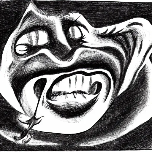 Prompt: surrealist drawing of creature screaming in darkness by francis bacon, risograph, illustration, black and white