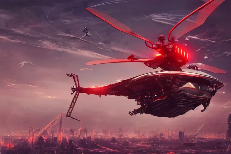 Prompt: futuristic flying helicopter robot with glowing red eyes, desolate metropolis, digital art, fantasy, trending on artstation, professional illustration, cgsociety, ultra detailed