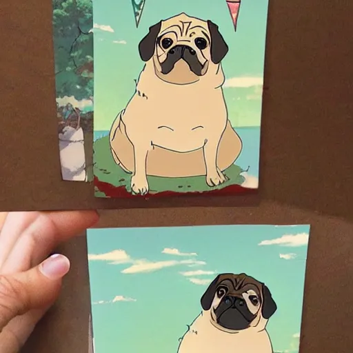 Image similar to Pug birthday in the style of studio Ghibli