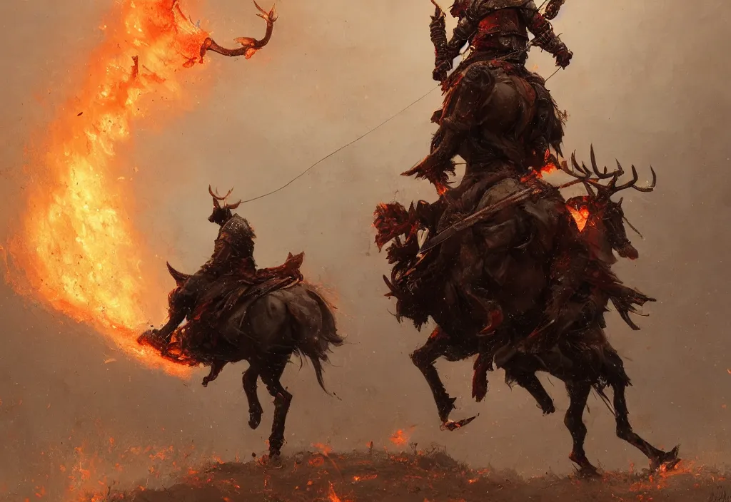 Image similar to a knight riding a burning stag, artstation, jakub rozalski, high detail, dramatic lighting