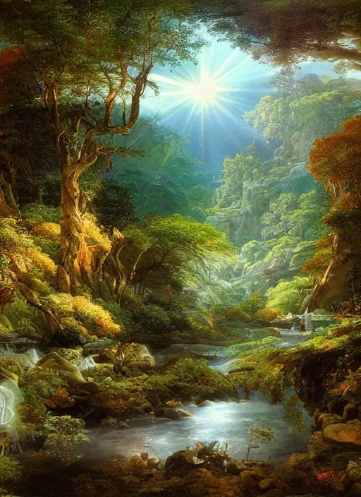 Prompt: a forest oasis, rock pools, harmony of nature, infinite dawn, angelic light, sparkling dew, epic atmosphere, by asher brown durand, by yoshitaka amano