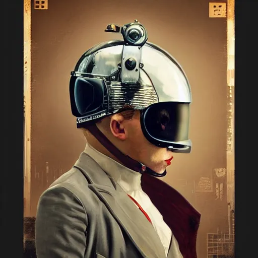 Image similar to a portrait of 1 9 2 0 man in a vintage racing helmet by sandra chevrier, detailed render, epic composition, cybernetics, 4 k realistic, cryengine, realistic shaded lighting, sharp focus, masterpiece, by matteo scalera, gary montalbano, peter elson in the style of the tokyo ghost comic