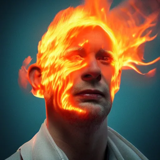 Image similar to an artstation trending portrait painting of a bald english man on fire, octane render