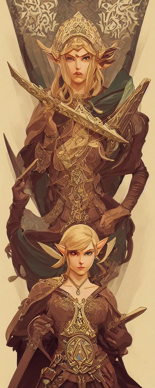 Image similar to legend of Zelda art nouveau, D&D, fantasy, intricate, elegant, highly detailed, digital painting, artstation, concept art, matte, sharp focus, illustration, hearthstone, art by Artgerm and Greg Rutkowski and Alphonse Mucha