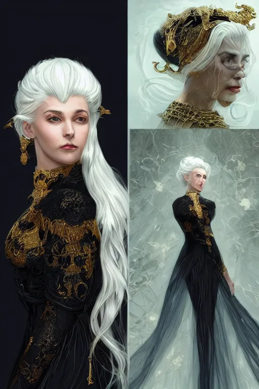 Image similar to fullbody!! of a beautiful woman with white hair, big natural horns on her head, long flowing intricate black lace dress, gold jewellery, dnd, face, fantasy, intricate, elegant, highly detailed, digital painting, artstation, concept art, smooth, sharp focus, illustration, art by artgerm and greg rutkowski and alphonse mucha