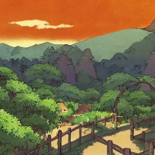 Prompt: landscape anime, studio Ghibli, village, trees, dogs and mountains